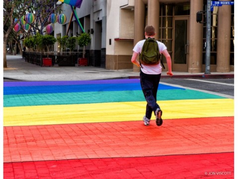 A rainbow crosswalk in West Hollywood, CA. Photo by Jon Viscott via West Hollywood Patch